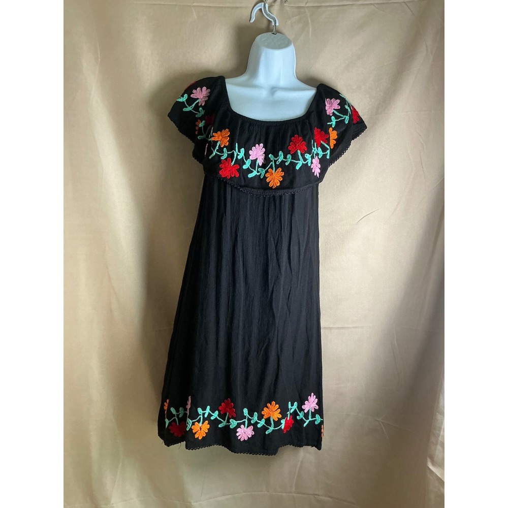 Exist Floral Embroidered Peasant Dress Womens Large Black Excellent Boho Summer